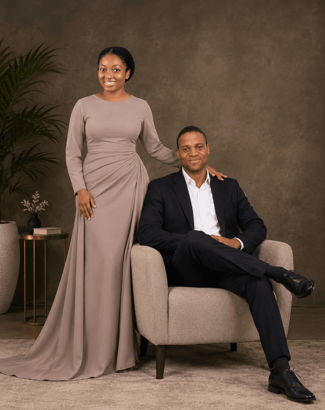 Joy and Ayoola standing together in their wedding attire